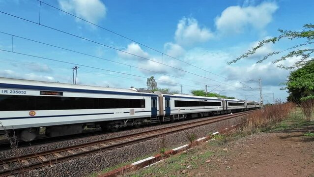 The Solapur Mumbai Vande Bharat Express Train heading towards Mumbai, shot at Kedgaon near Pune India.