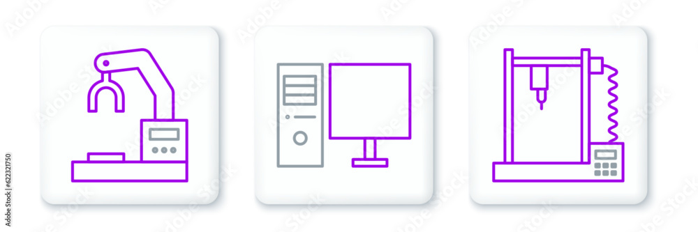 Poster set line 3d printer, robotic robot arm hand factory and computer monitor icon. vector