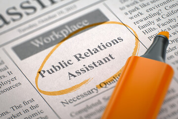 Public Relations Assistant - Jobs in Newspaper, Circled with a Orange Marker. Blurred Image....