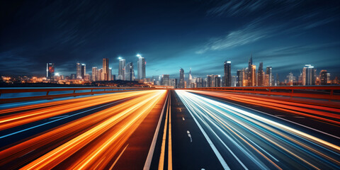 Fototapeta premium Car light trails on the highway at night - created with AI
