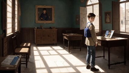 Fototapeta na wymiar Back to School, a boy in a classroom in a historical art painting style 