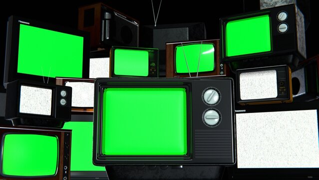 Many TV sets with chromakey on screen. Creative background and intro.	