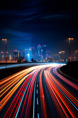 Car light trails on the highway at night. Long exposure photo created with AI 