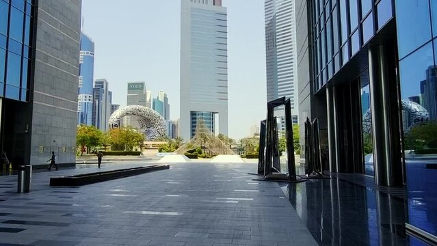 Dubai, UAE - 06.15.2023 - Footage of Dubai International Financial Center, Gate building. Landmark