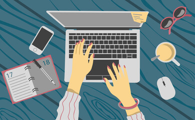 Office desk with laptop workspace equipment and woman hands drawing in flat style
