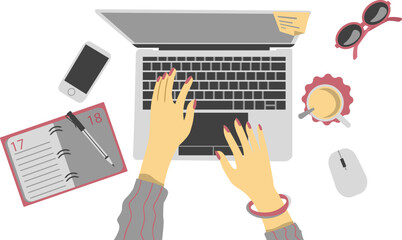 Top view office desk with laptop workspace equipment and woman hands drawing on transparent background vector