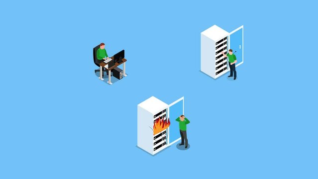 System admin servicing Server Racks with Burning Fire