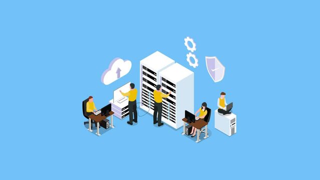 Group of engineers working on a server computer