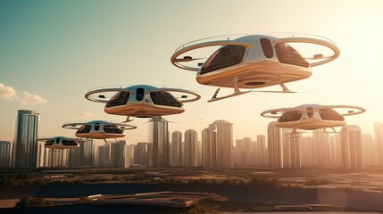 Fototapeta premium Eco friendly modern and futuristic air taxis flying in modern city. Generative AI.