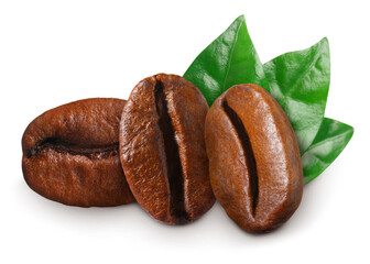 Fresh roasted coffee beans and leaves on white background