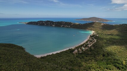 Fototapeta premium Catamarans at Magens beach on St. Thomas Island seen from the sky