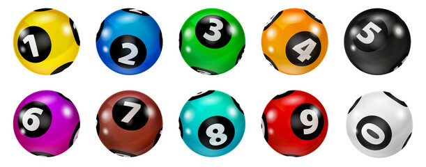 Lottery Number Balls. Colored balls isolated. Bingo ball. Bingo balls with numbers. Set of colored balls. Lotto concept. Bingo balls set.