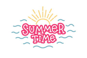 Summer time lettering with sun and waves, quote for designs and prints. Hand drawn vector illustration