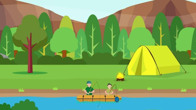 Father and son camping together, fishing in the river near the campsite