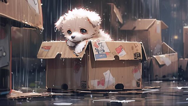 Sad abandoned lonely puppy on card box in rain