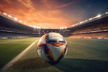 A ball is positioned on the soccer stadium. Generative Ai. - obrazy, fototapety, plakaty