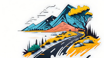 white background, multicolor, scenery, ink, toll road, raod trip, cartoon style