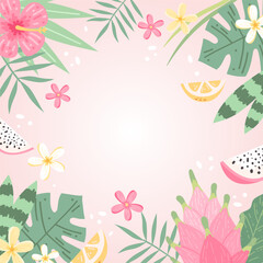 Summer background with flowers and leaves, hibiscus and plumeria. Hand drawn colorful trendy vector illustration