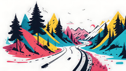 white background, multicolor, scenery, ink, toll road, raod trip, cartoon style