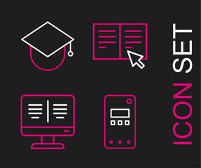 Set line Mobile phone, Online book monitor, and Graduation cap globe icon. Vector