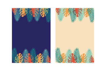 Tropical summer doodle vector background with space for text.  background for poster, invitation and cover with tropical leaves, shapes and textures