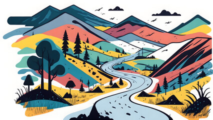 white background, multicolor, scenery, ink, toll road, raod trip, cartoon style