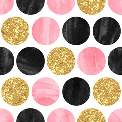 Seamless circles pattern with pink, black and golden round shapes. Vector background