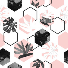 Seamless abstract pattern with hexagons tropical leaves. Vector geometric background. Summer design