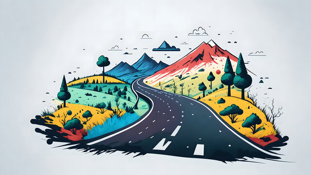 white background, multicolor, scenery, ink, toll road, raod trip, cartoon style