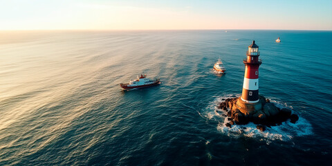 A lighthouse guiding a ship at sea