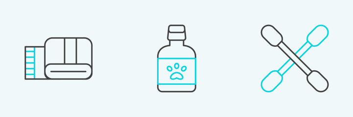 Set line Cotton swab for ears, Towel stack and Dog medicine bottle icon. Vector