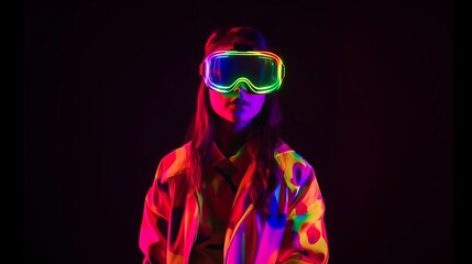 Virtual reality 3d augmented experience exited digital generate person wear vr glasses goggle headset hand gesture touch 3d object in virtual world fun cheerful and remarkable,generative ai