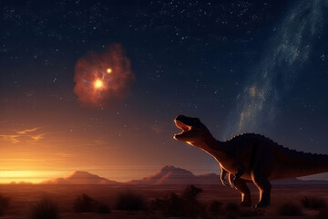 Dinosaur walks across the plain at night with a flying meteorite in the starry sky, created with Generative AI