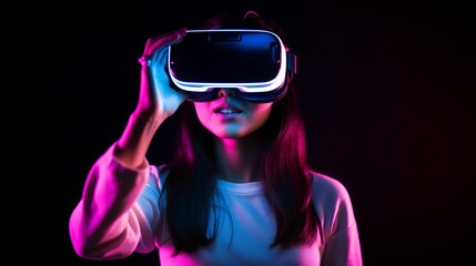 Augmented reality virtual wearable vr glasses goggle technology future concept people female wear simulator headset 3d interactive innovation cyber,generative ai