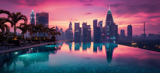 Illustration of a violet sunset from a luxury hotel resort infinity pool in Singapore. The beautiful view is a perfect spot for a summer vacation.
