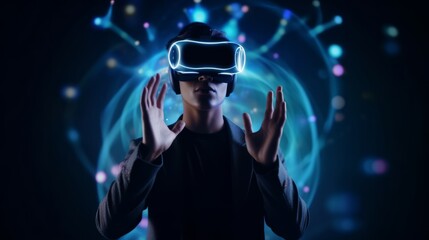 Virtual reality 3d augmented experience exited digital generate person wear vr glasses goggle headset hand gesture touch 3d object in virtual world fun cheerful and remarkable,generative ai