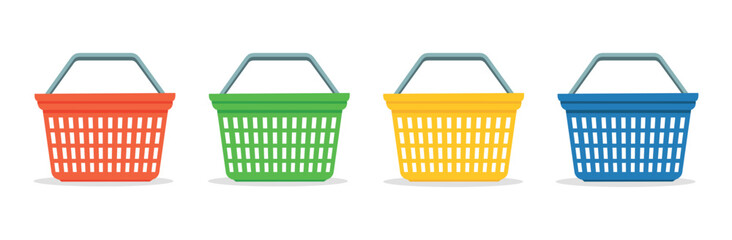 Set of empty shopping basket isolated on white background. Grocery food basket. Plastic market basket. Vector stock