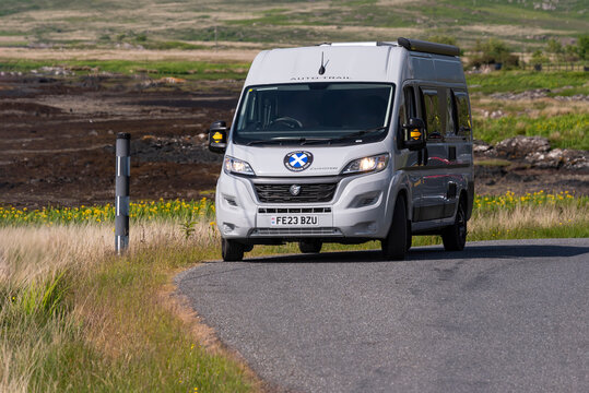 Scottish Isles, Scotland, UK.  6 June 2023.  Isle of Mull. Grey coloured motorhome camping vehicle parked in a layby near to Tobermory.