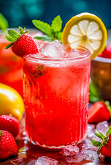 Erfrischende Erdbeerlimonade mit Zitrone und Eis im Glas, Generative AI