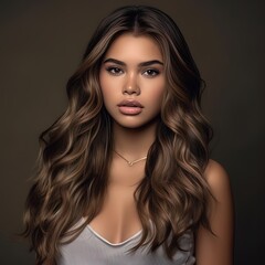 Fototapeta premium Gorgeous brunette woman with amazing hair. Great for articles about beauty, hair fashion, salon, cosmetics, skin care, hair care, hair products, fashion, trends, grooming etc.