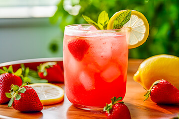 Erfrischende Erdbeerlimonade mit Zitrone und Eis im Glas, Generative AI