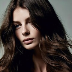 Naklejka premium Gorgeous brunette woman with amazing hair. Great for articles about beauty, hair fashion, salon, cosmetics, skin care, hair care, hair products, fashion, trends, grooming etc.