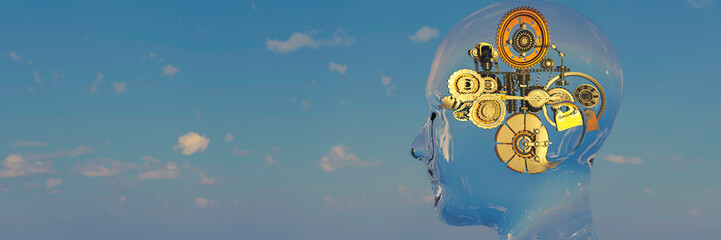 Blue sky thinking concept with cogs and gears running inside a head 3d render