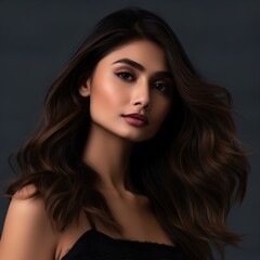 Naklejka premium Gorgeous brunette woman with amazing hair. Great for articles about beauty, hair fashion, salon, cosmetics, skin care, hair care, hair products, fashion, trends, grooming etc.