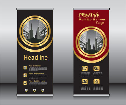 Gold roll up banner template design,banner layout, advertisement, pull up, polygon background.