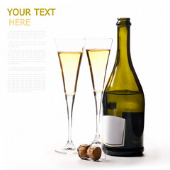 A bottle of wine on a white background with two glasses of