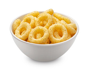 Crispy onion rings in bowl isolated on white background