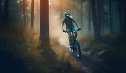 Fototapeta na wymiar woman active forest walking dark bicycle sport sunset bike cycling summer. Generative AI.