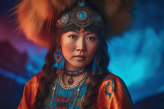 Beautiful mongolian female in traditional clothes outdoor portrait