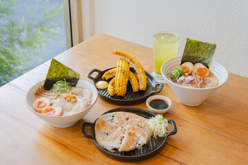 Japanese ramen and side dish set on the wooden table